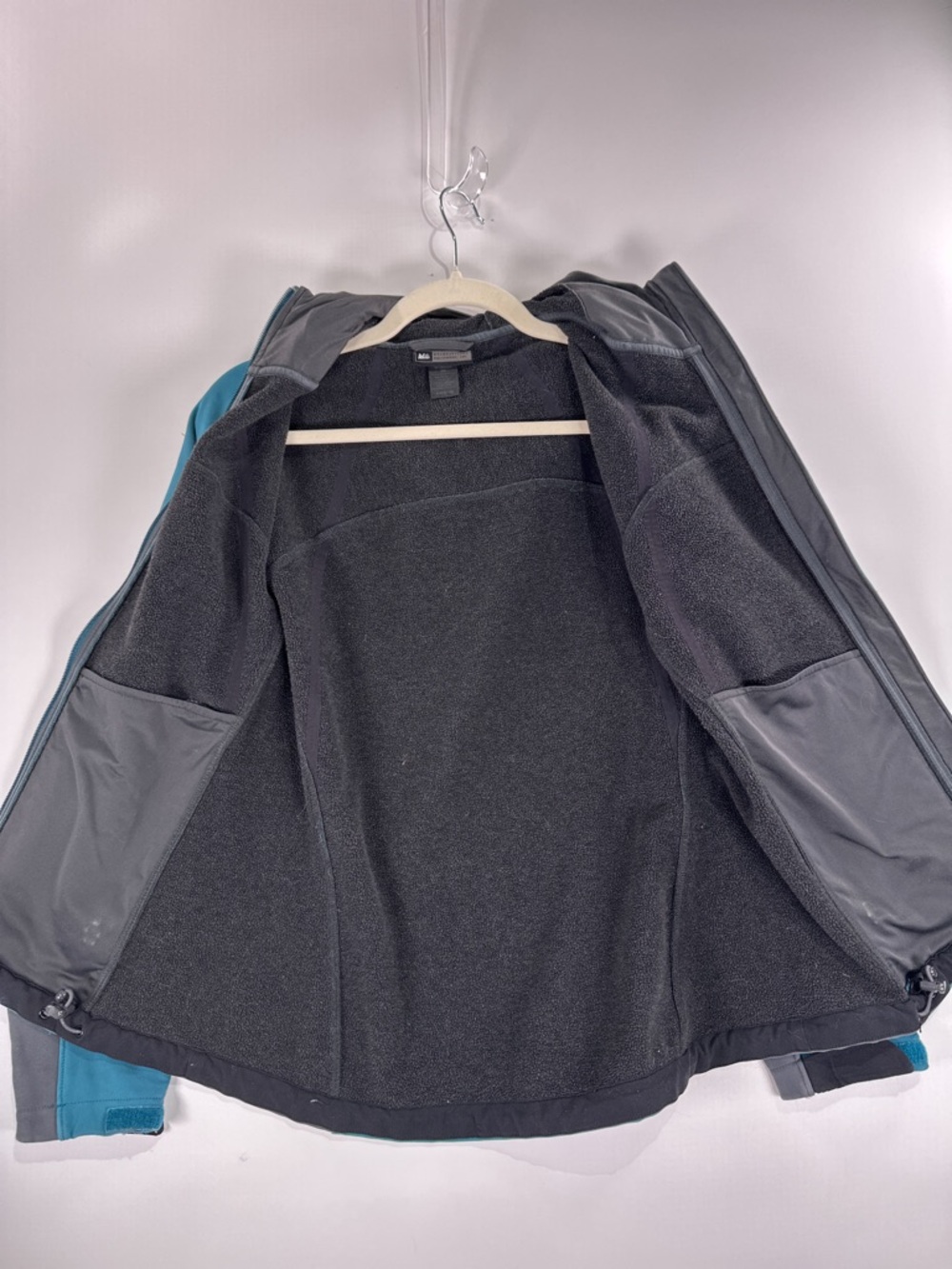 REI Womens XS Gorpcore Softshell Hooded Jacket Teal Gray Colorblock Y2K - Picture 9 of 11